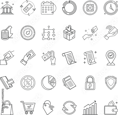 Financial Transaction Icons Banking, Payments, Security, and Time