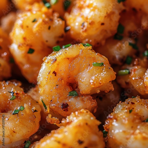 A close-up of fried shrimp with garlic, showcasing the crispy texture and flavorful seasoning. photo