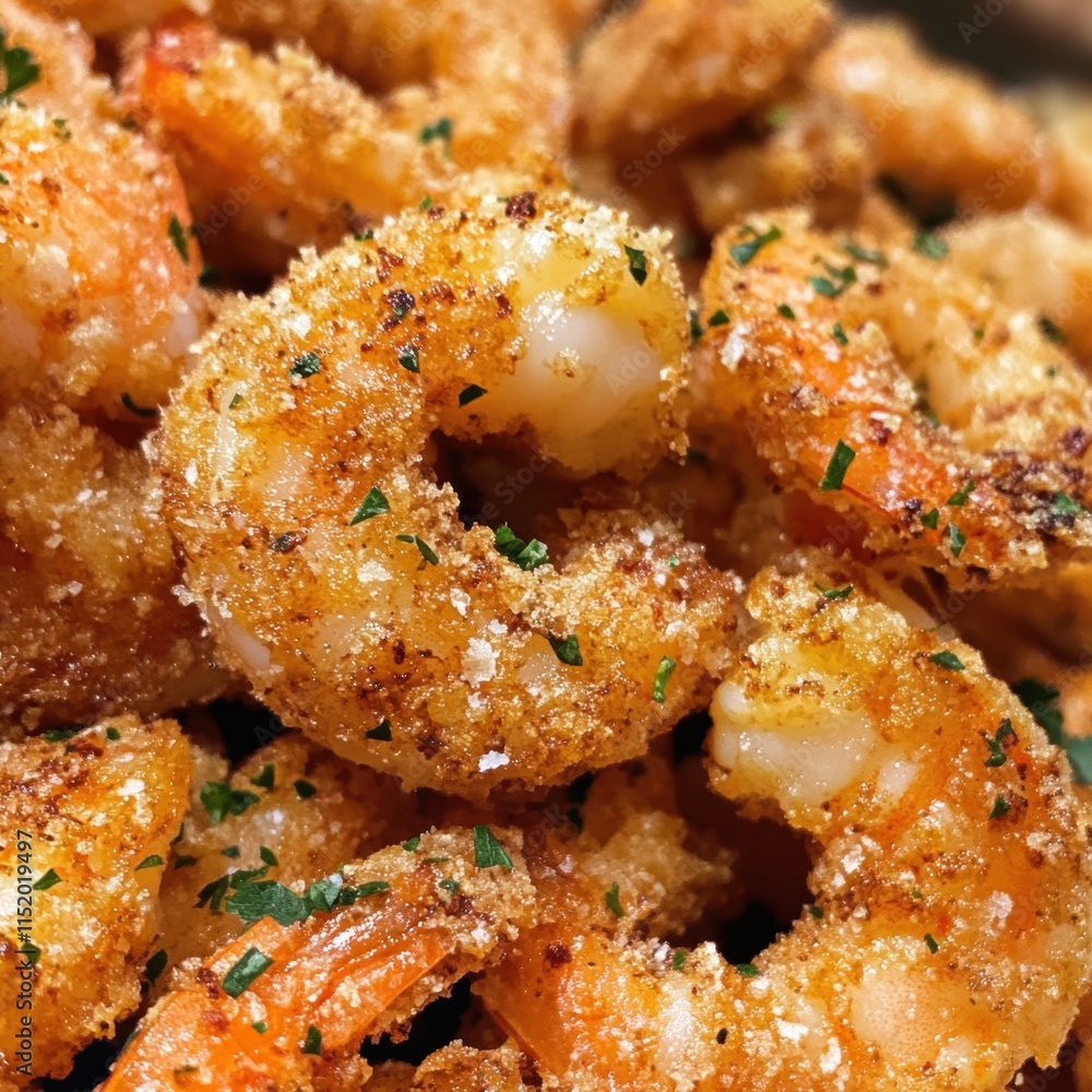 A close-up of fried shrimp with garlic, showcasing the crispy texture and flavorful seasoning.