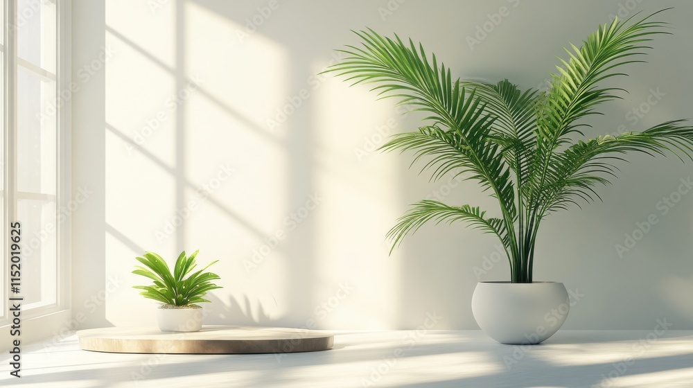 Fototapeta premium A white room with a large potted plant in the center