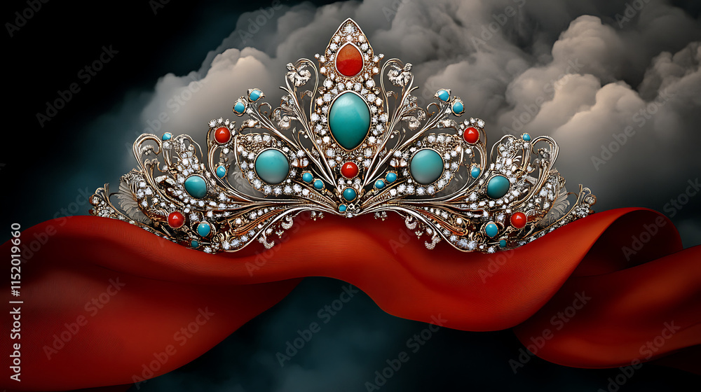 Obraz premium Mongolian wedding crown with turquoise and red gemstones on silk background