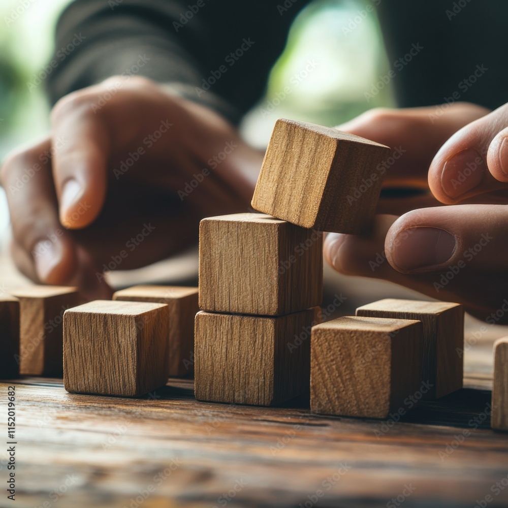 A close-up of hands carefully arranging wooden blocks, symbolizing the process of business development and growth. A close-up of hands carefully arranging wooden blocks, symbolizing the process of business development and growth.