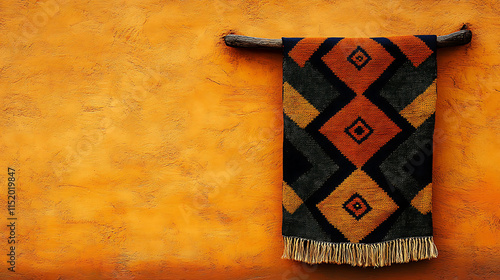 Ndebele wedding blanket, vibrant geometric pattern, hanging on textured orange wall, copy spice