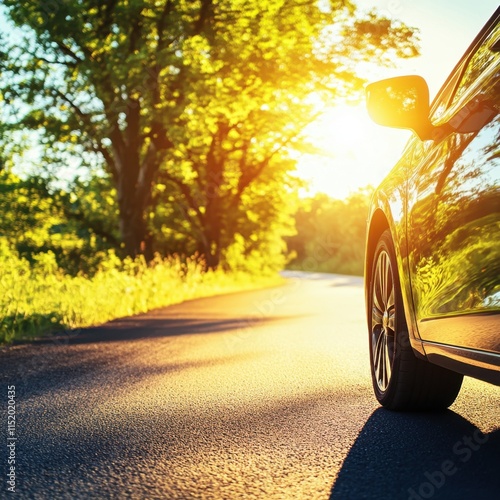 A close-up view of a car on a summer road captures the essence of a sunny day drive. photo