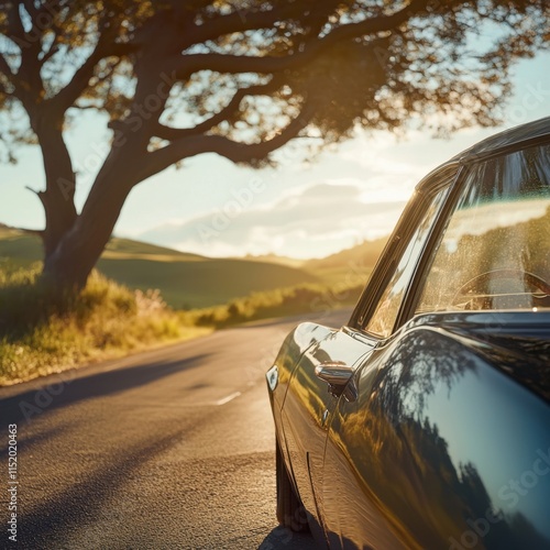 A close-up view of a car on a summer road captures the essence of a sunny day drive. photo