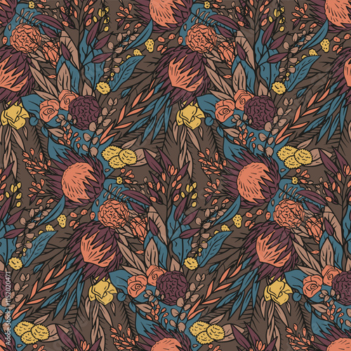 Seamless pattern with hand drawn protea flowers on brown background. Tropical floral wallpaper with earthy colors. Line art african blooms texture