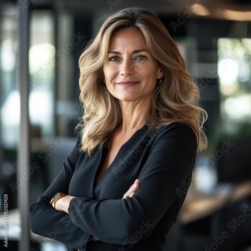 A confident and professional businesswoman standing in her office, with a happy demeanor and arms crossed, looking directly at the camera. photo