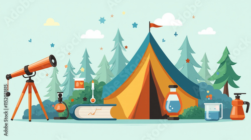 Attractive flat design graphic element of a science camp with telescope, microscope, science-themed pictures and a tent in the shape of an open book. vector illustration.