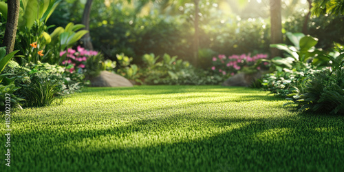 A meticulously landscaped garden invites relaxation, with vibrant greenery, a comfortable seating area, and a serene atmosphere