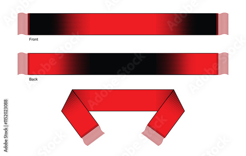 Red-Black Soccer Fans Scarf with Halftone Style Design on White Background. Front and Back Views, Vector File