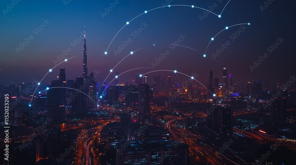 Smart digital city with connection cyber security network reciprocity over the cityscape . future smart wireless digital city and social media networking systems that connects people within the city Smart digital city with connection cyber security network reciprocity over the cityscape . future smart wireless digital city and social media networking systems that connects people within the city