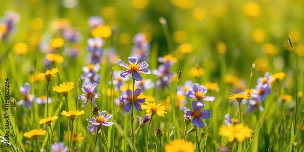 A Delicate Dance of Yellow and Lavender Wildflowers in a Meadow of Lush Green Grass A Delicate Dance of Yellow and Lavender Wildflowers in a Meadow of Lush Green Grass