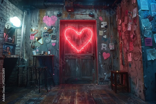 Colorful neon heart illuminates a cozy, artistic room with unique decorations and vintage charm photo