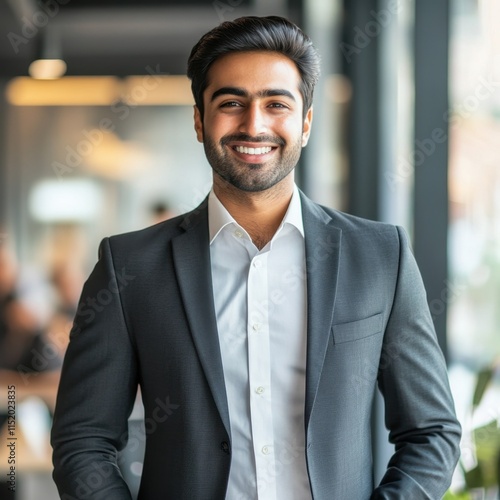 A confident, smiling Indian businessman, captured in a close-up shot. photo