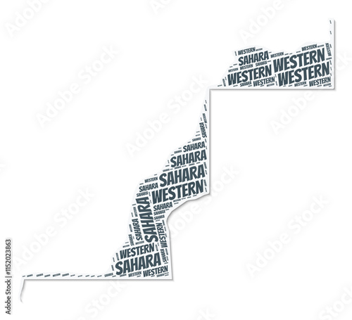 Western Sahara shape text cloud. Country border with shadow on white background. Western Sahara with regions division in vintage gazette style. Awesome vector illustration.