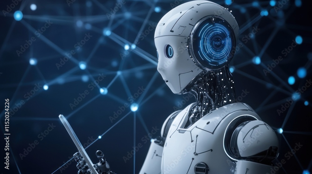 Fototapeta premium A humanoid robot interacts with a digital device amidst a network of connections.