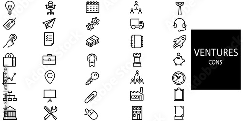 Ventures simple concept 35 icons set. Contains such Venture capital, investments, stock exchange.Vector illustration.