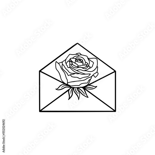 Decorative black envelope silhouette with rose flower inside, a stunning vector for cards and branding