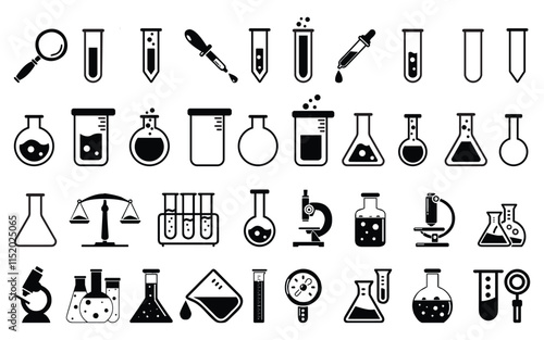 Chemical laboratory, glassware laboratory equipment icon set vector