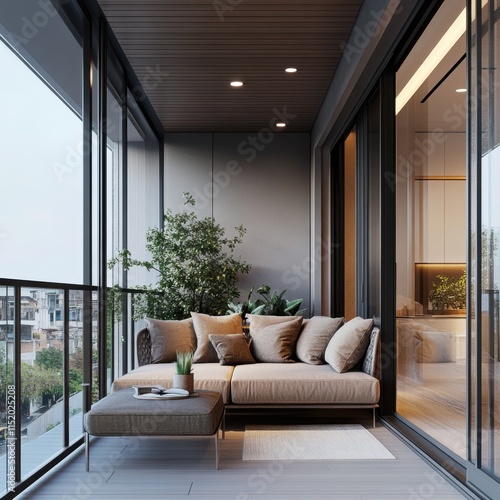 A cozy balcony of a modern apartment, featuring sleek aluminum railings. photo