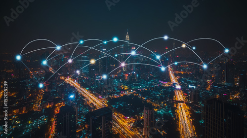Smart digital city with connection cyber security network reciprocity over the cityscape . future smart wireless digital city and social media networking systems that connects people within the city