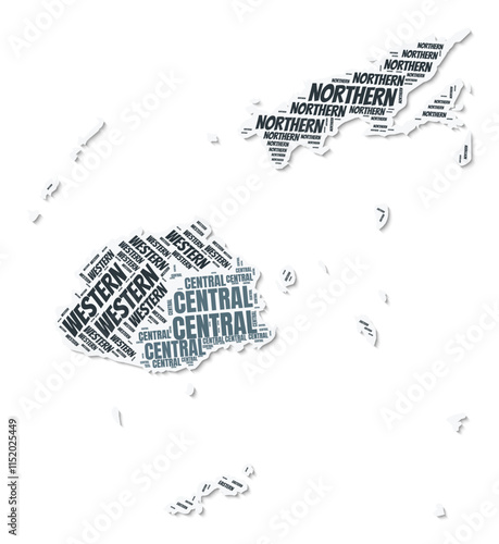 Fiji shape text cloud. Country border with shadow on white background. Fiji with regions division in vintage gazette style. Trending vector illustration.