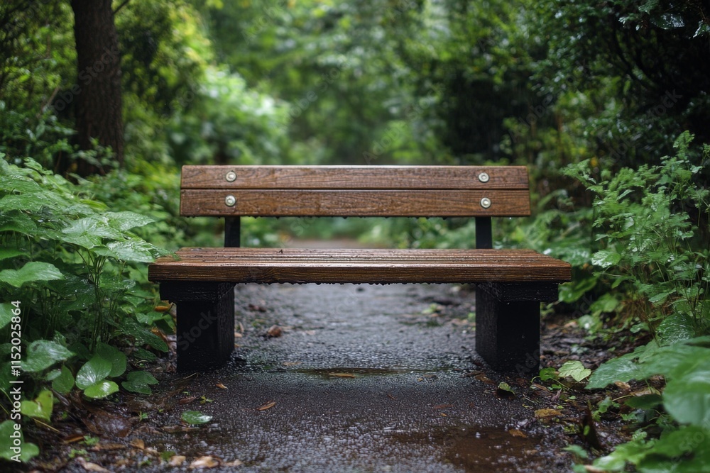 Wooden bench surrounded by greenery in a quiet outdoor park Wooden bench surrounded by greenery in a quiet outdoor park