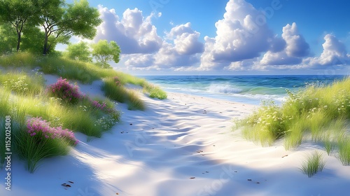 Serene Coastal Dune Path Sunny Beach Grass Flowers Sky photo