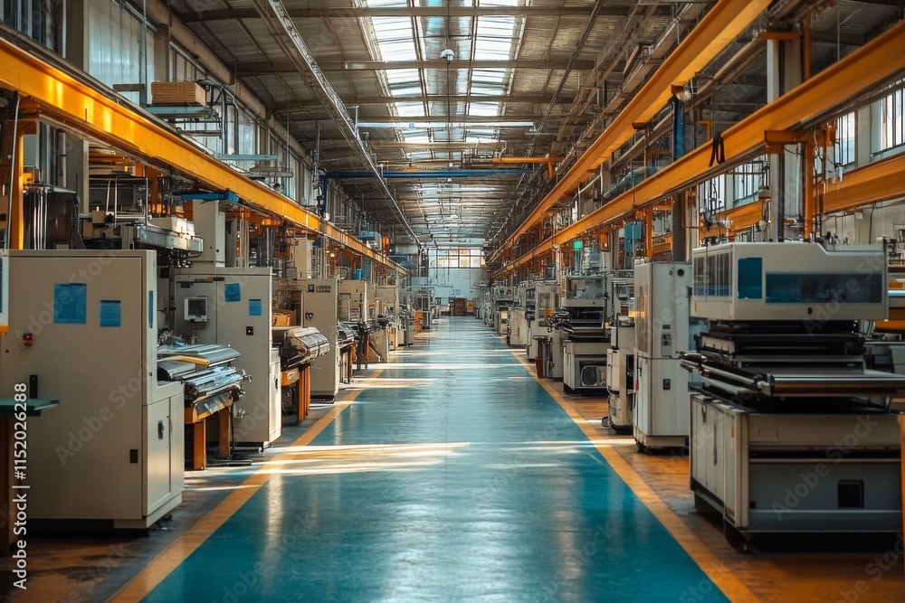 Wide industrial corridor with detailed machinery and metallic walls Wide industrial corridor with detailed machinery and metallic walls