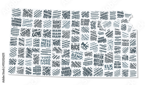 Kansas shape text cloud. State border with shadow on white background. Kansas with counties division in vintage gazette style. Vibrant vector illustration.