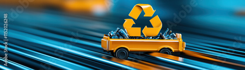 Recycle conservation renewal sustainability concept. Colorful truck carrying recycling symbol on a vibrant background. photo