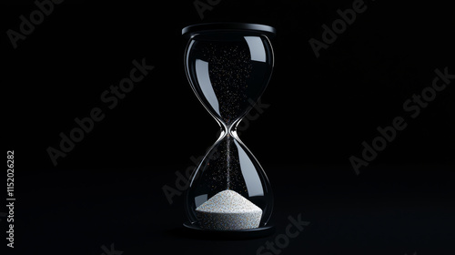 Time flowing through hourglass, sparkling particles, on black background