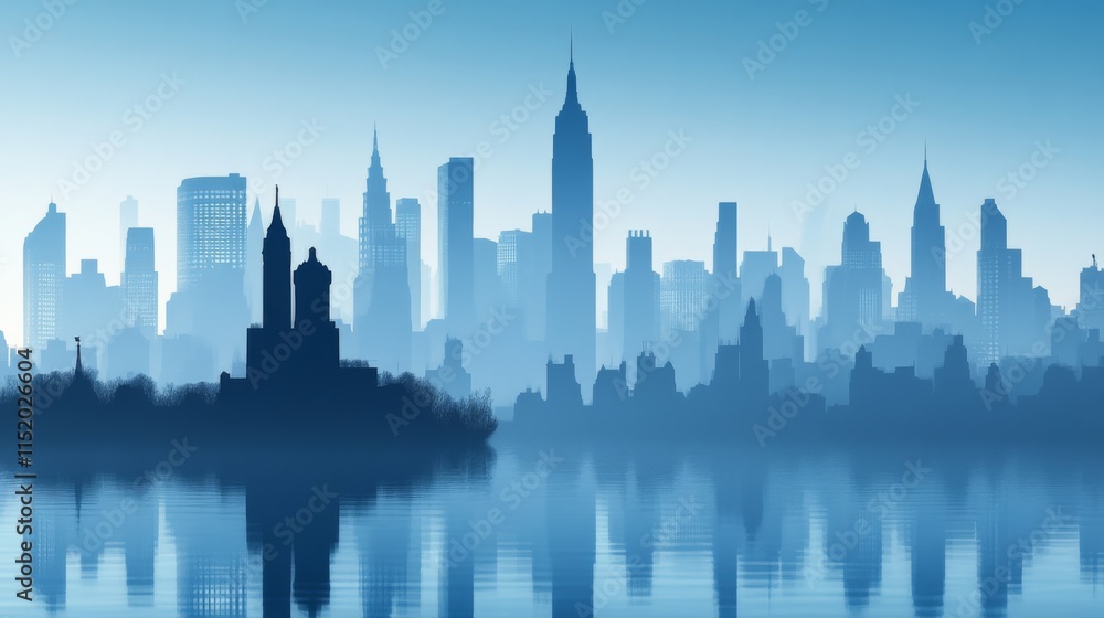 Fototapeta premium Serene Cityscape Silhouette Against Blue Sky