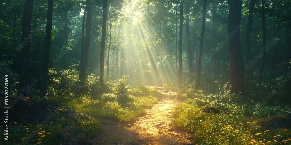 Obraz premium Forest clearing with sunlight streaming through the trees