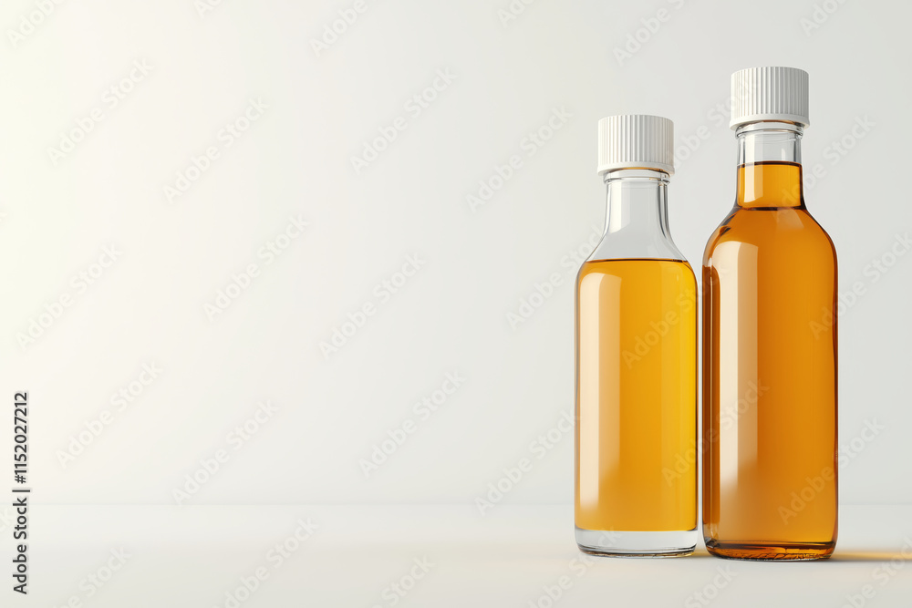two clear glass bottle with almond oil filled and standing two clear glass bottle with almond oil filled and standing