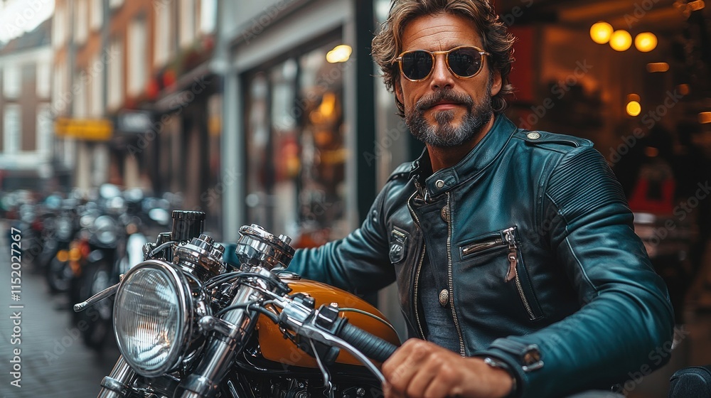 A man in sunglasses poses on a motorcycle in a vibrant urban setting. A man in sunglasses poses on a motorcycle in a vibrant urban setting.