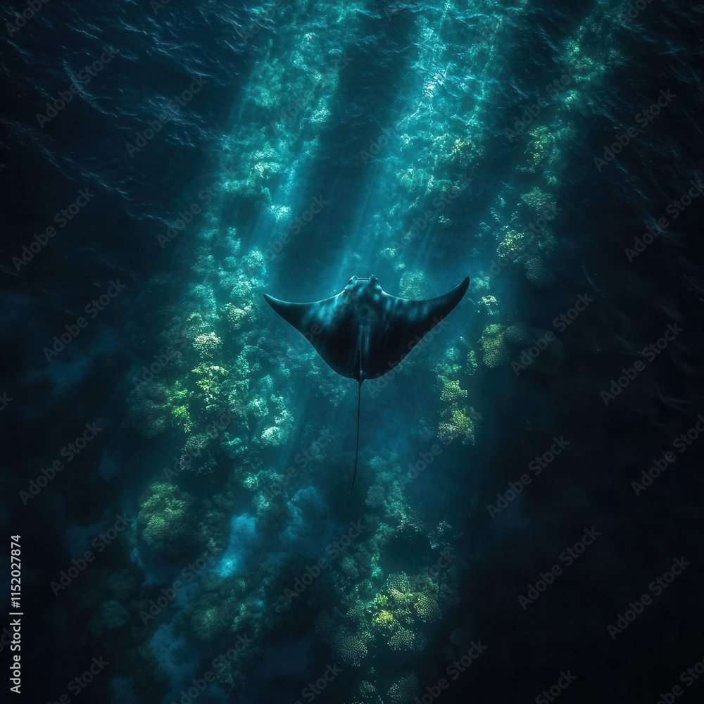 Obraz premium Majestic Eagle Ray Gliding Through Tranquil Ocean Waters Illuminated by Sunlight with Vibrant Coral Reef Below, Capturing the Essence of Marine Life and Underwater Beauty