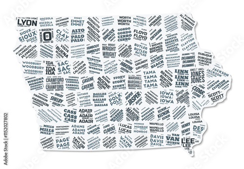 Iowa shape text cloud. State border with shadow on white background. Iowa with counties division in vintage gazette style. Modern vector illustration.