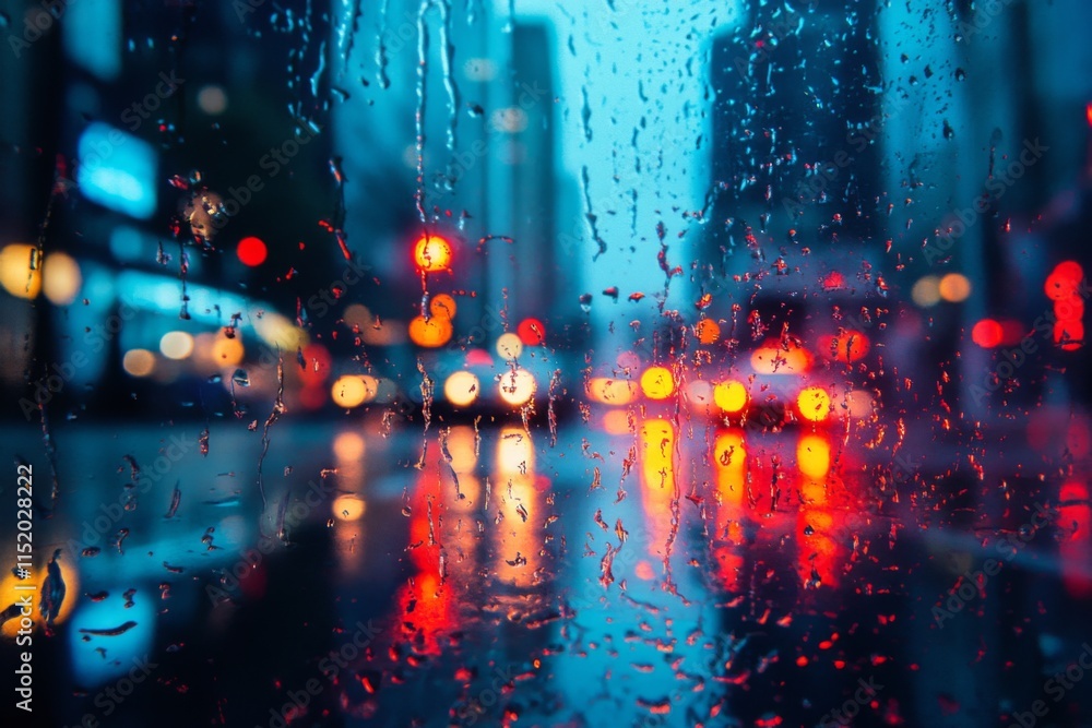 Obraz premium Blurred city lights reflecting on a wet street at night