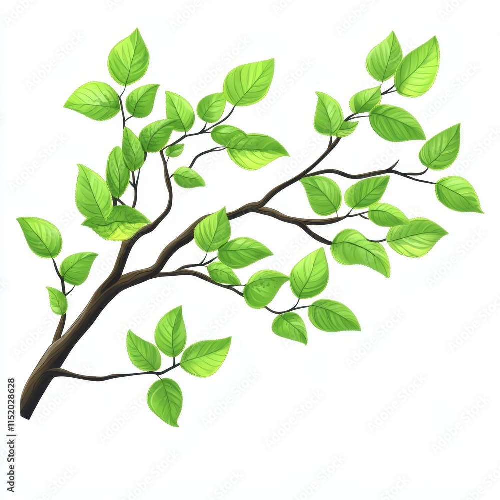 A detailed tree branch with vibrant green leaves isolated on a transparent or white background, ideal for use in design projects or nature-themed compositions. A detailed tree branch with vibrant green leaves isolated on a transparent or white background, ideal for use in design projects or nature-themed compositions.