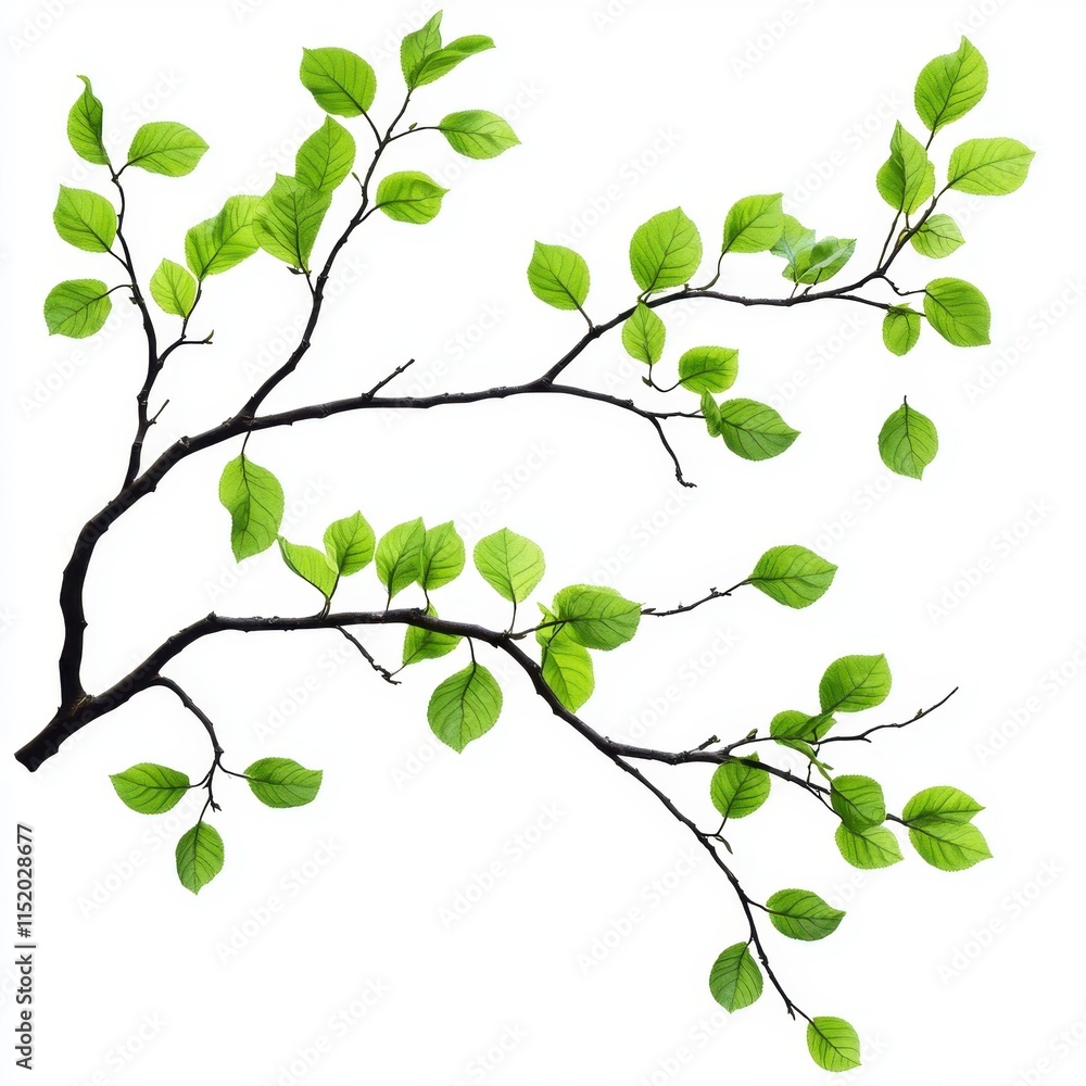 A detailed tree branch with vibrant green leaves isolated on a transparent or white background, ideal for use in design projects or nature-themed compositions. A detailed tree branch with vibrant green leaves isolated on a transparent or white background, ideal for use in design projects or nature-themed compositions.