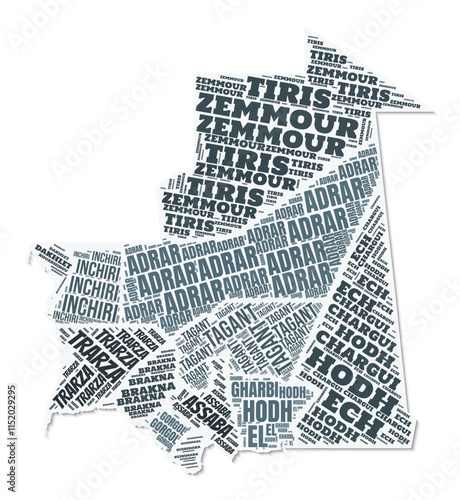 Mauritania shape text cloud. Country border with shadow on white background. Mauritania with regions division in vintage gazette style. Beautiful vector illustration.