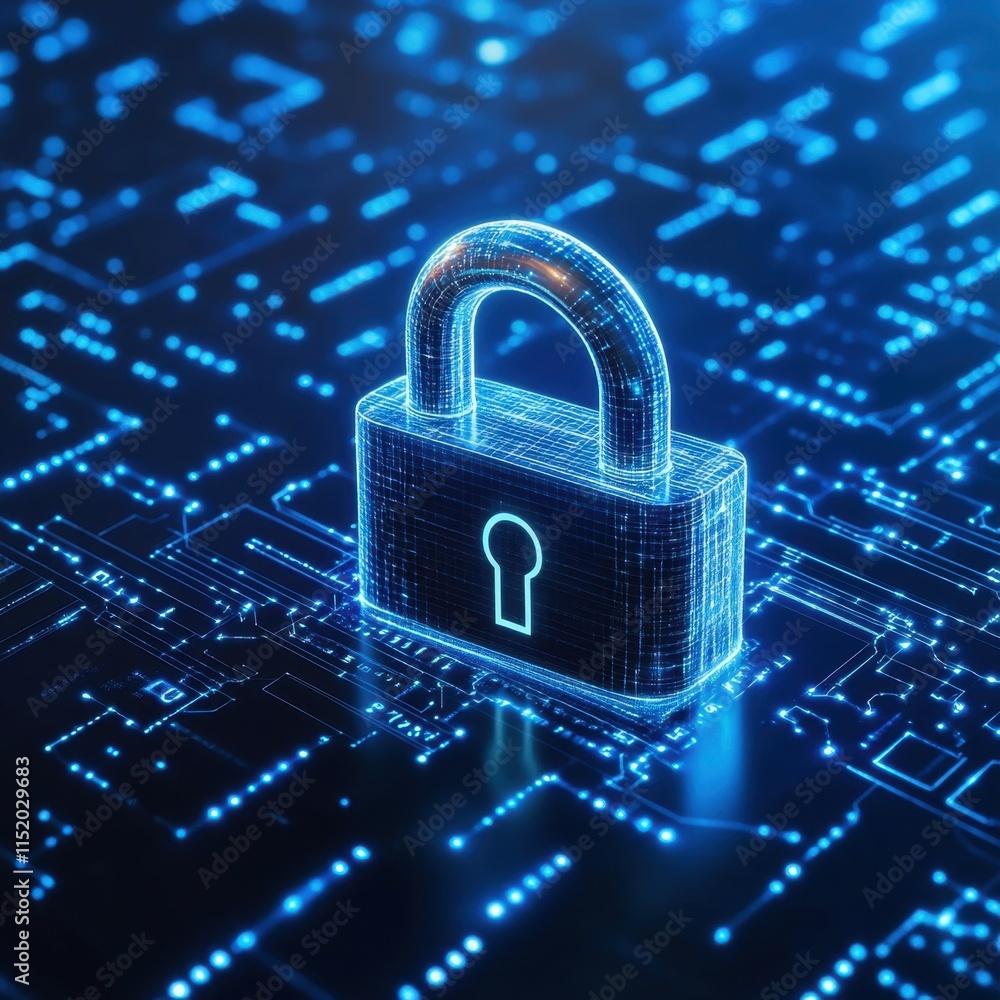A digital padlock prominently displayed on an abstract cybersecurity technology background, featuring a blue hue with overlaid binary code. A digital padlock prominently displayed on an abstract cybersecurity technology background, featuring a blue hue with overlaid binary code.