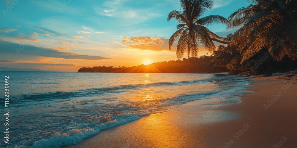 Sunset over a tropical island beach with palm trees Sunset over a tropical island beach with palm trees