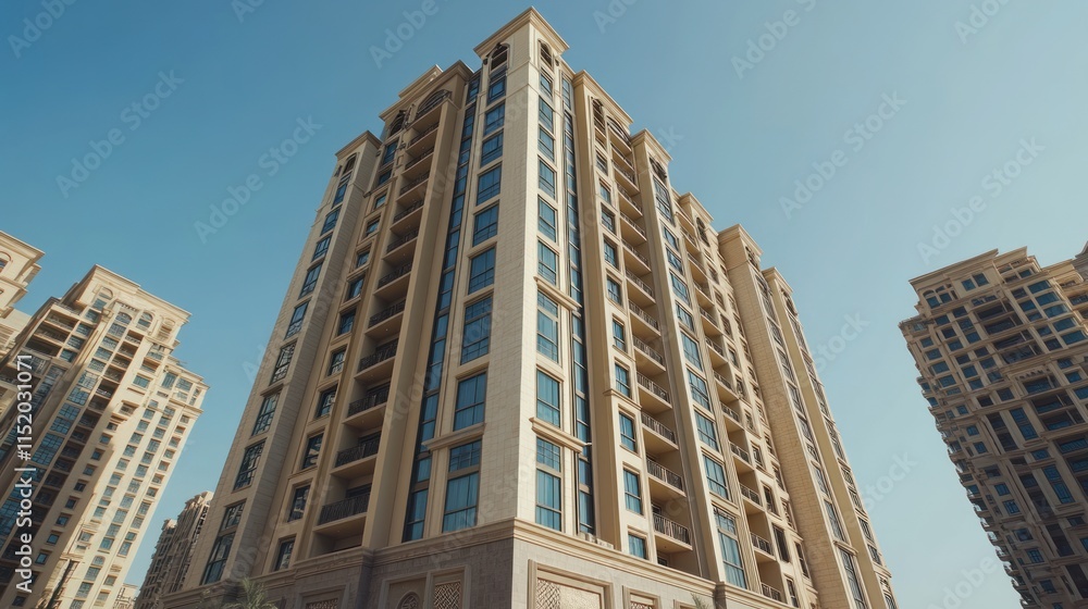 A modern residential building captured from a low angle under a clear blue sky. A modern residential building captured from a low angle under a clear blue sky.