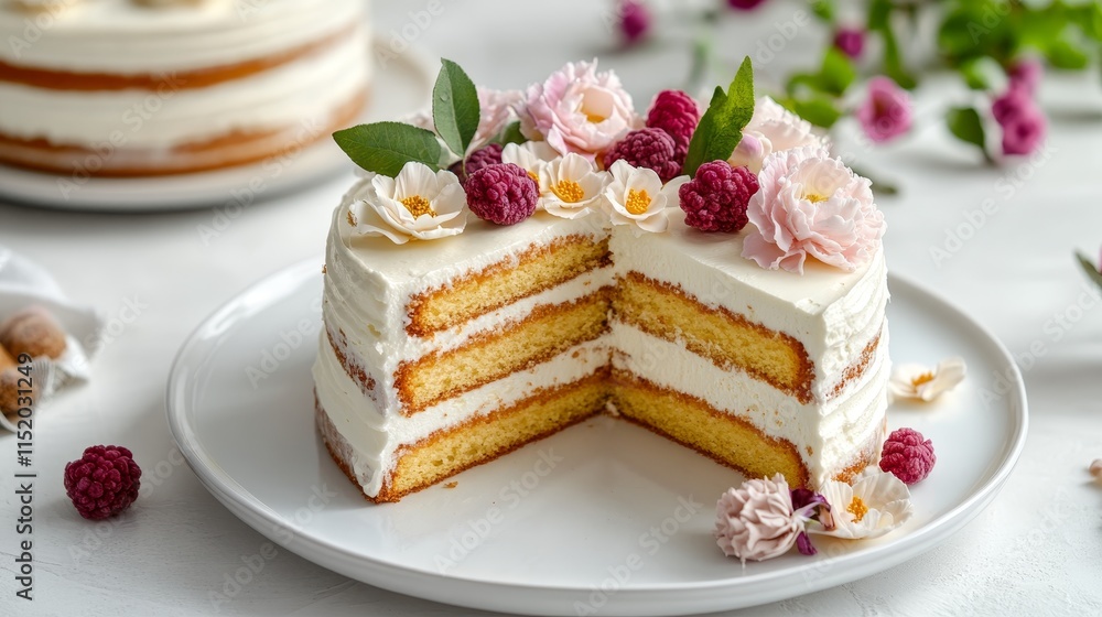 A beautifully decorated cake with layers, topped with flowers and raspberries. A beautifully decorated cake with layers, topped with flowers and raspberries.