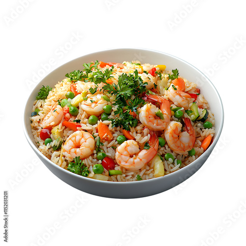 A White bowl of fried rice with shrimps and vegetables isolated on a transparent background, in PNG format, A White bowl of fried rice with shrimps and vegetables PNG