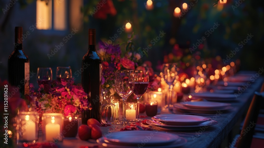 A long dinner table with vibrant flowers and candles glowing softly, complemented by clear plates and wine bottles for an elegant evening. A long dinner table with vibrant flowers and candles glowing softly, complemented by clear plates and wine bottles for an elegant evening.