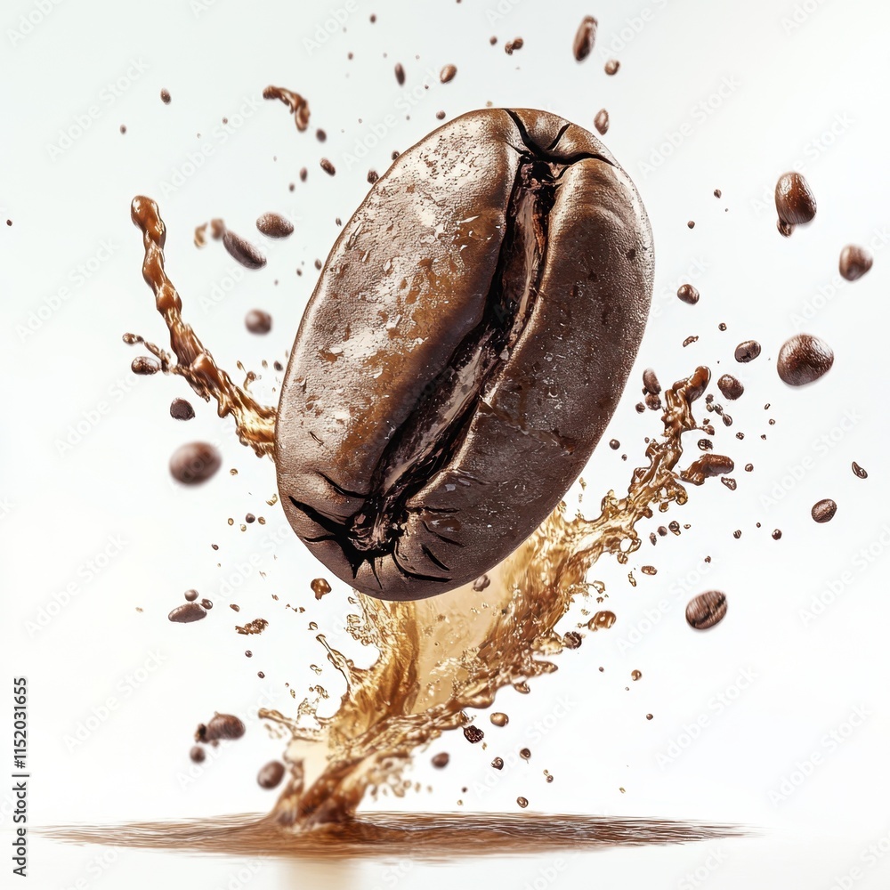 A dynamic image of a coffee bean in mid-air, captured as it bursts open and creates an explosive splash. A dynamic image of a coffee bean in mid-air, captured as it bursts open and creates an explosive splash.