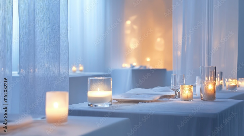 A modern white wedding table setup with a romantic touch, featuring sheer table runners and glowing candles. A modern white wedding table setup with a romantic touch, featuring sheer table runners and glowing candles.
